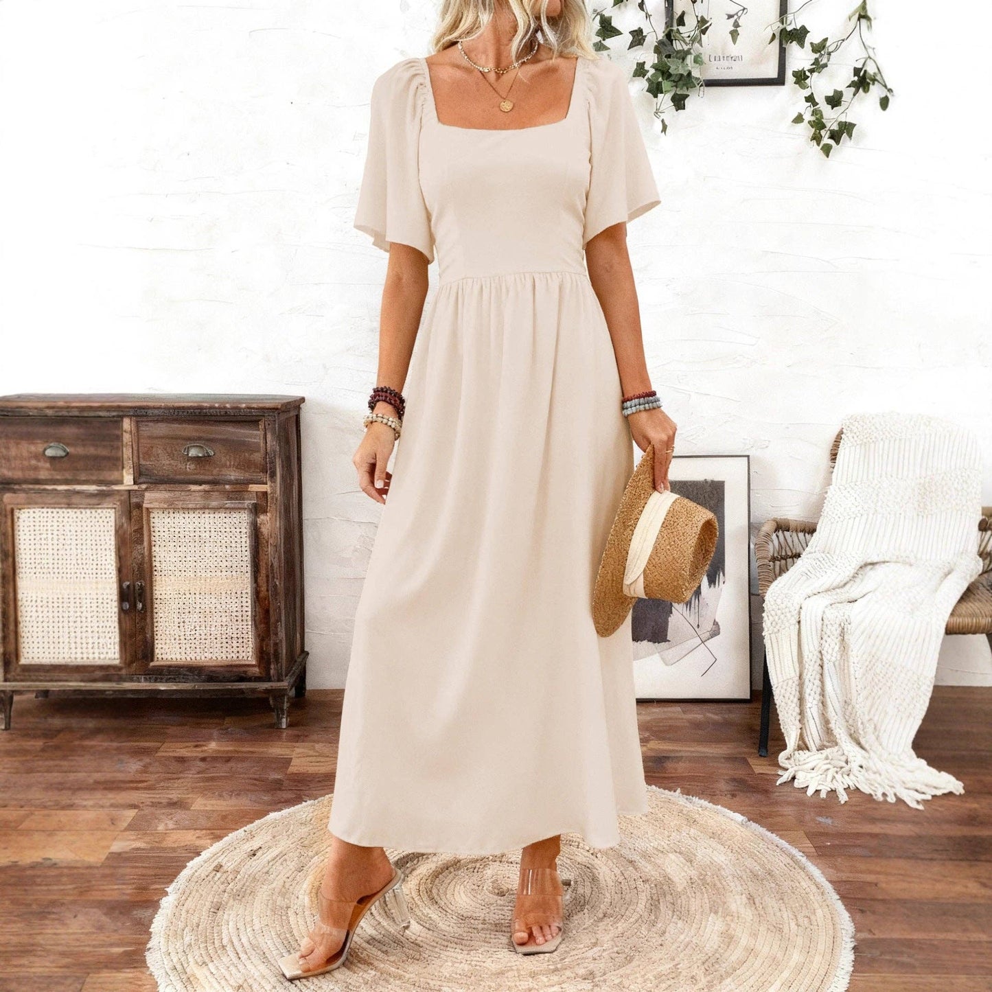 Boho-Maxikleid mit quadratischem Ausschnitt und Flatterärmeln – Konzert- & Strandkleid