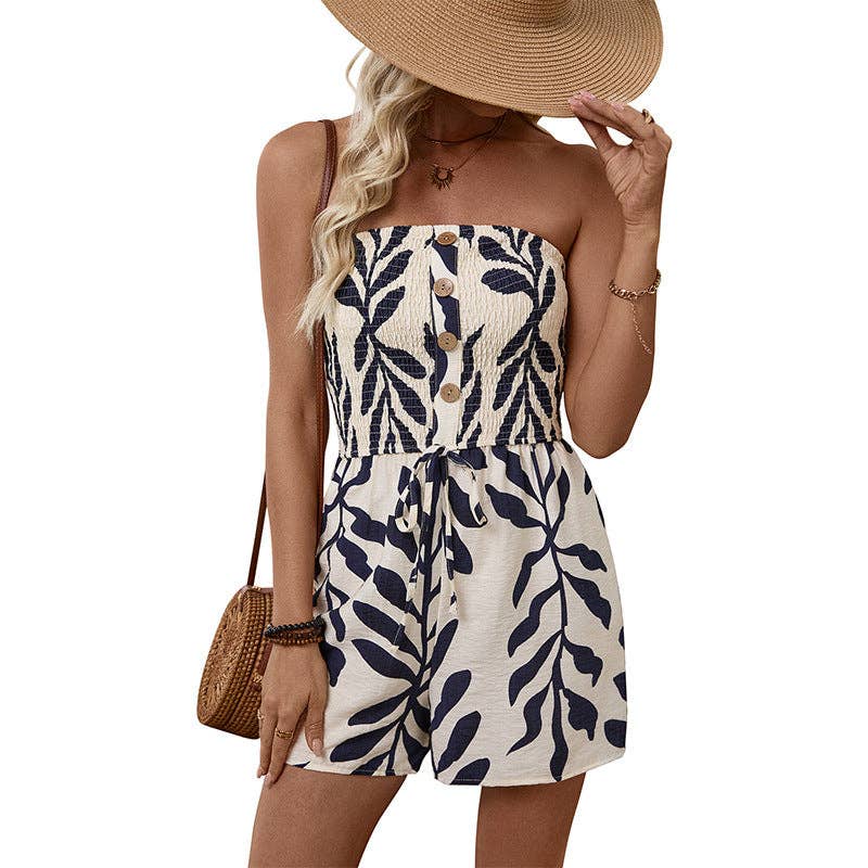 Damen Kurzoverall im französischen Resort-Stil mit Blattmuster, trägerlos und taillenbetont