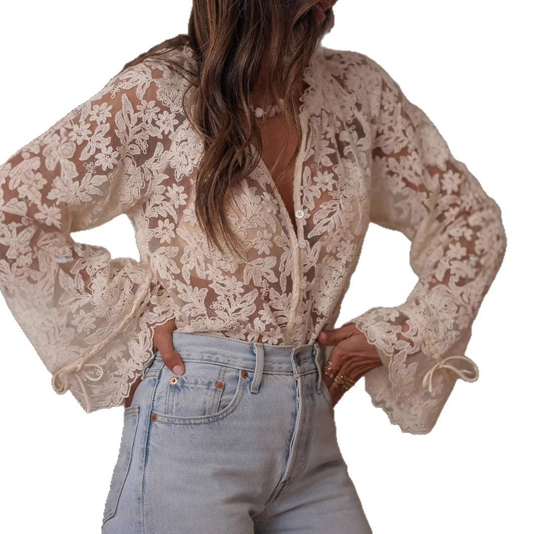 Damen Off-White Rundhals Spitzenbluse aus transparentem Stoff