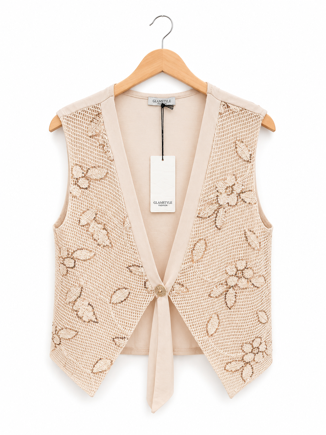 Boho-Weste mit Stickerei & Pailletten – Beige