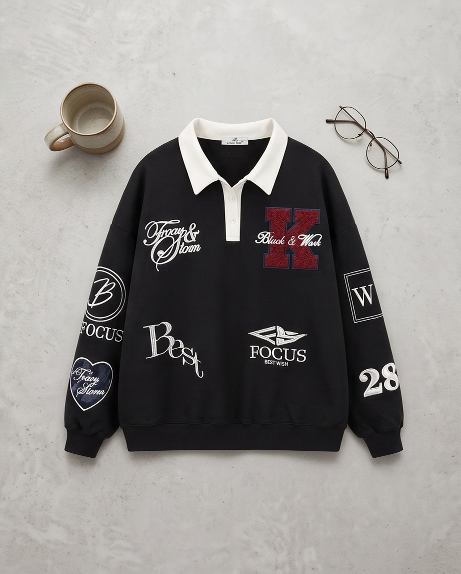 Oversize Pullover mit Polokragen & Patches – Schwarz