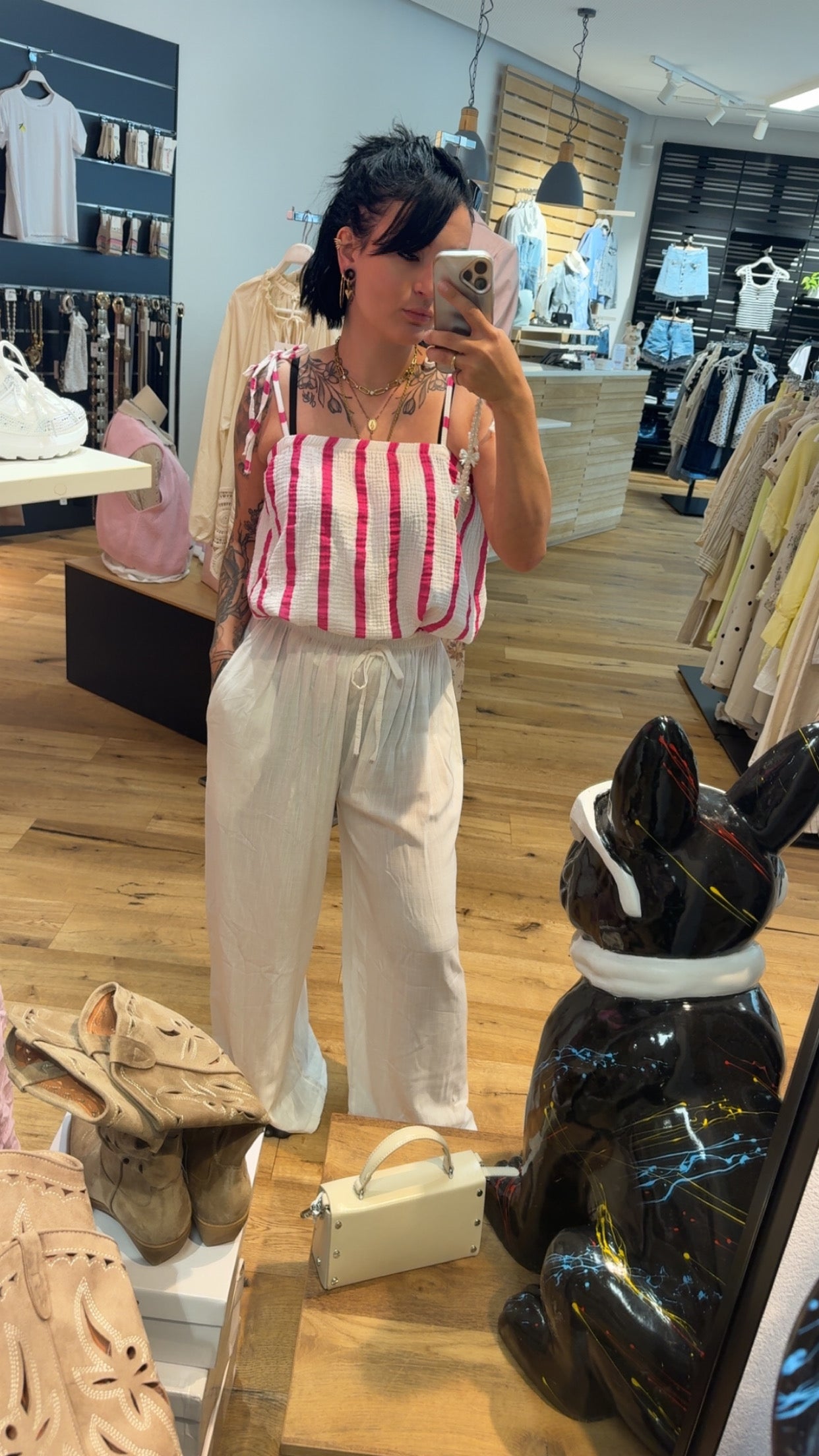 Damen Sommertop mit Schleifträgern Pink Weiss