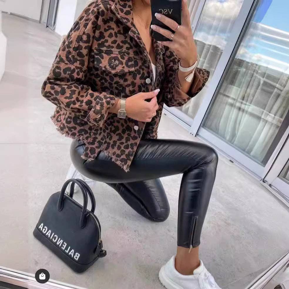 Damen Oversized Langarm Leoparden Denimjacke