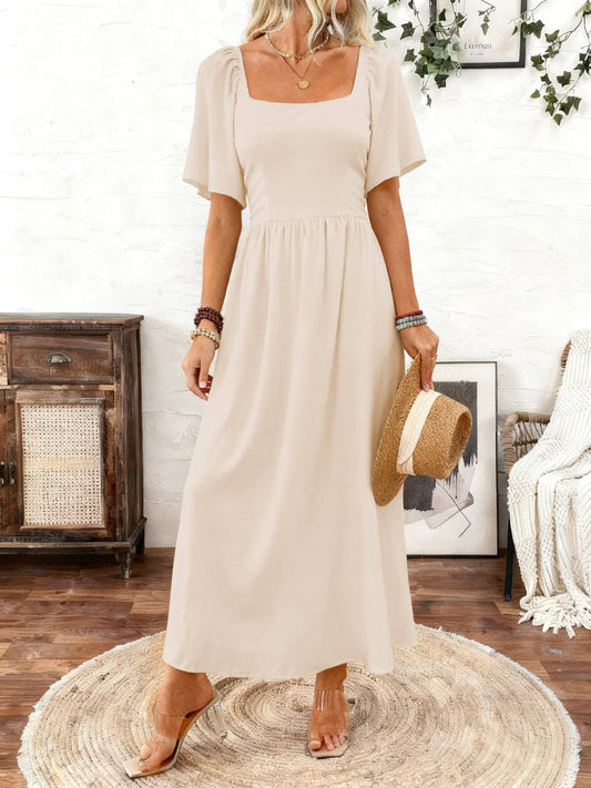 Boho-Maxikleid mit quadratischem Ausschnitt und Flatterärmeln – Konzert- & Strandkleid