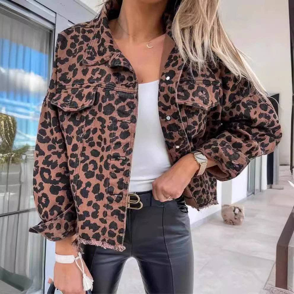 Damen Oversized Langarm Leoparden Denimjacke