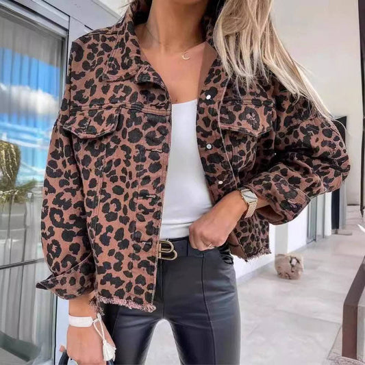 Damen Oversized Langarm Leoparden Denimjacke