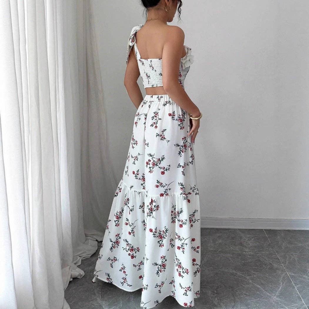Blumige Pintuck-Bluse Maxi-Rock Zweiteiliges Set