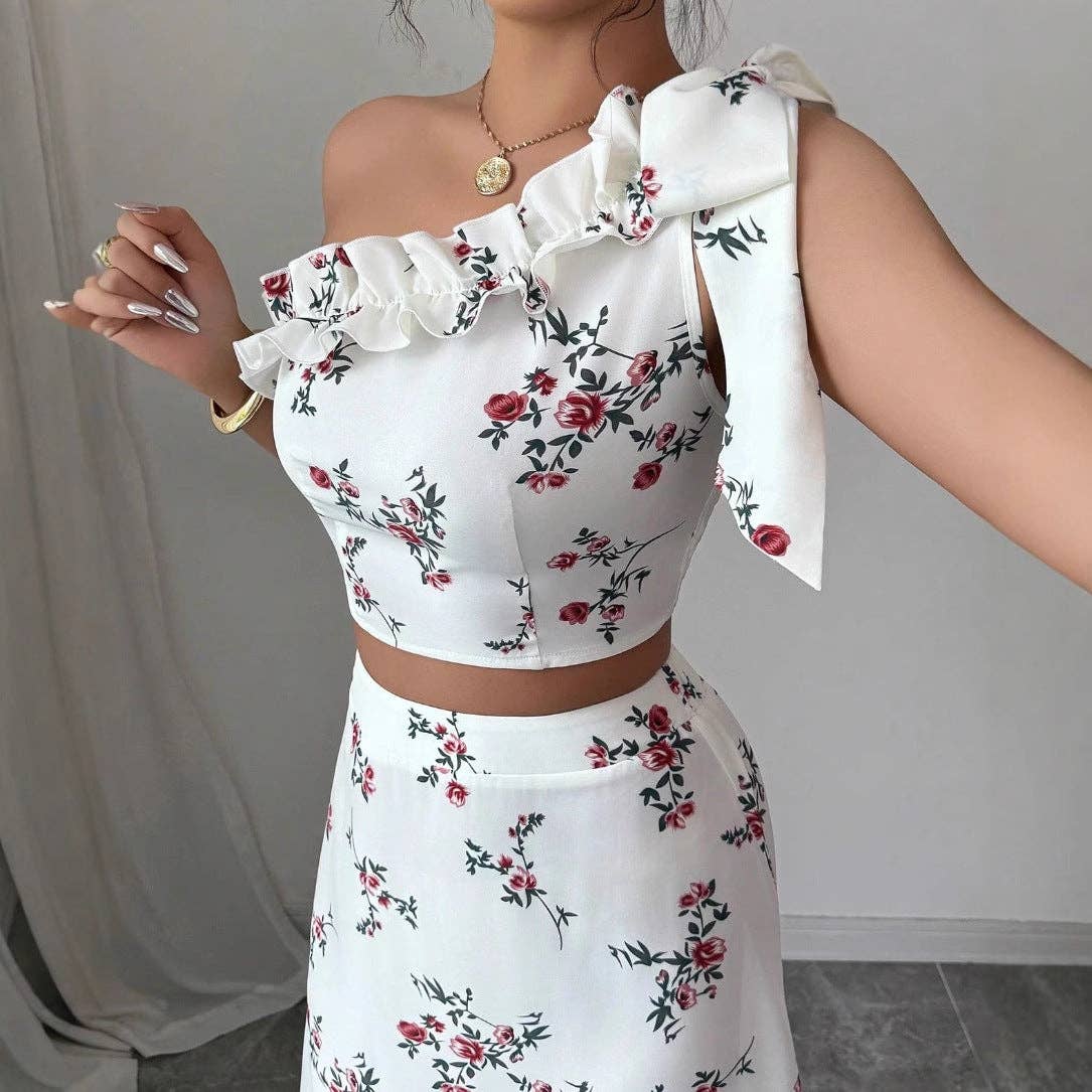 Blumige Pintuck-Bluse Maxi-Rock Zweiteiliges Set