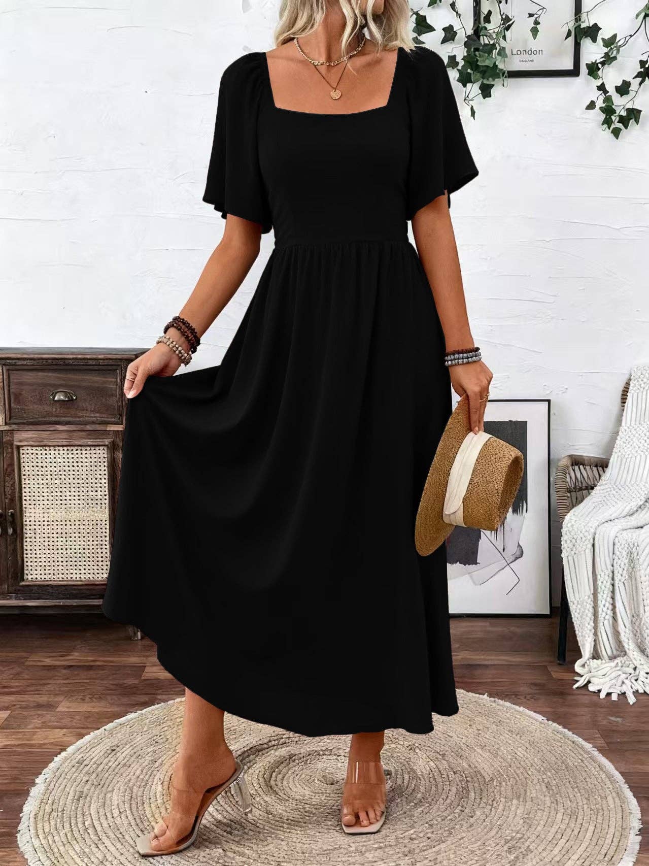 Boho-Maxikleid mit quadratischem Ausschnitt und Flatterärmeln – Konzert- & Strandkleid