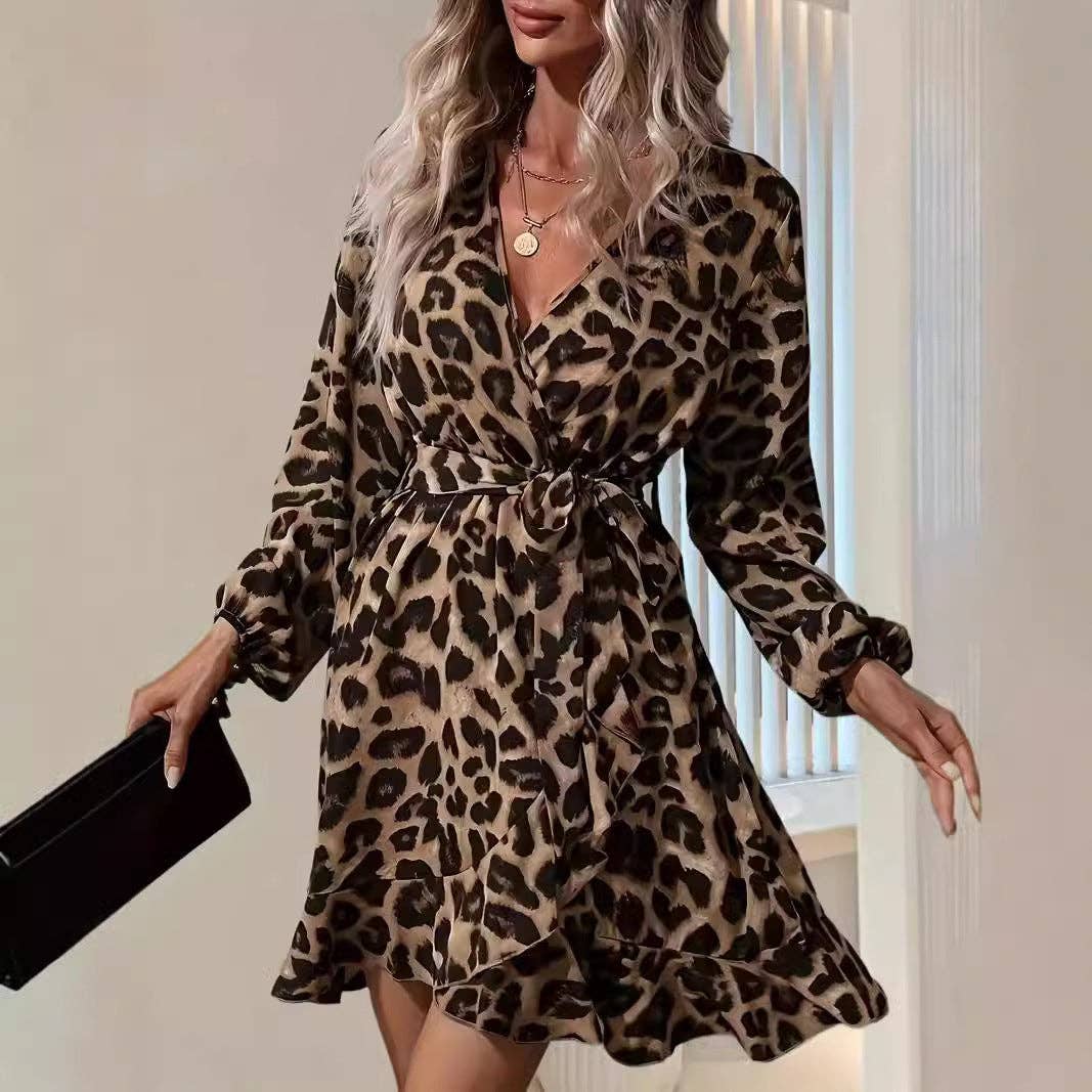 Damen Leoparden V-Ausschnitt Bindegürtel Asymmetrisches Saumkleid