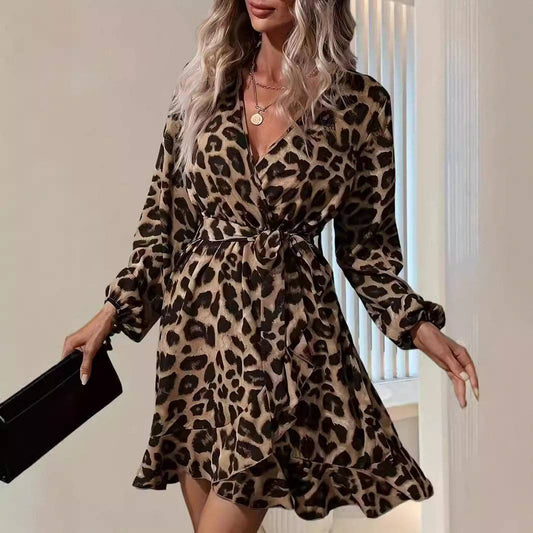 Damen Leoparden V-Ausschnitt Bindegürtel Asymmetrisches Saumkleid