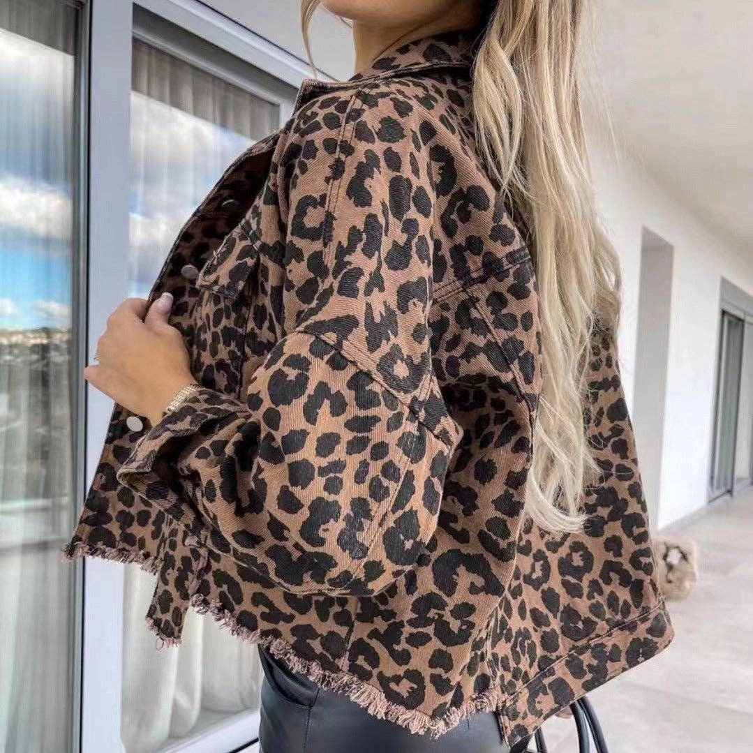 Damen Oversized Langarm Leoparden Denimjacke