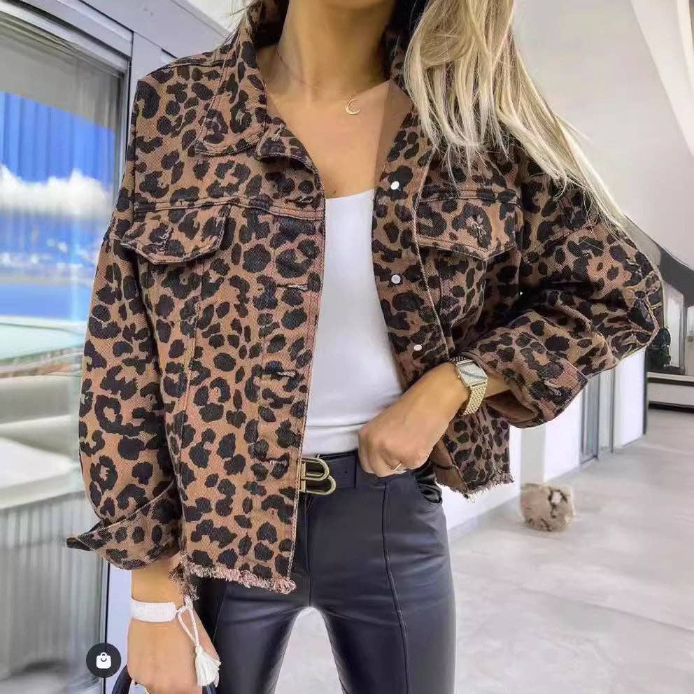 Damen Oversized Langarm Leoparden Denimjacke