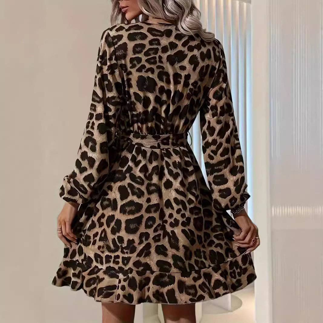 Damen Leoparden V-Ausschnitt Bindegürtel Asymmetrisches Saumkleid