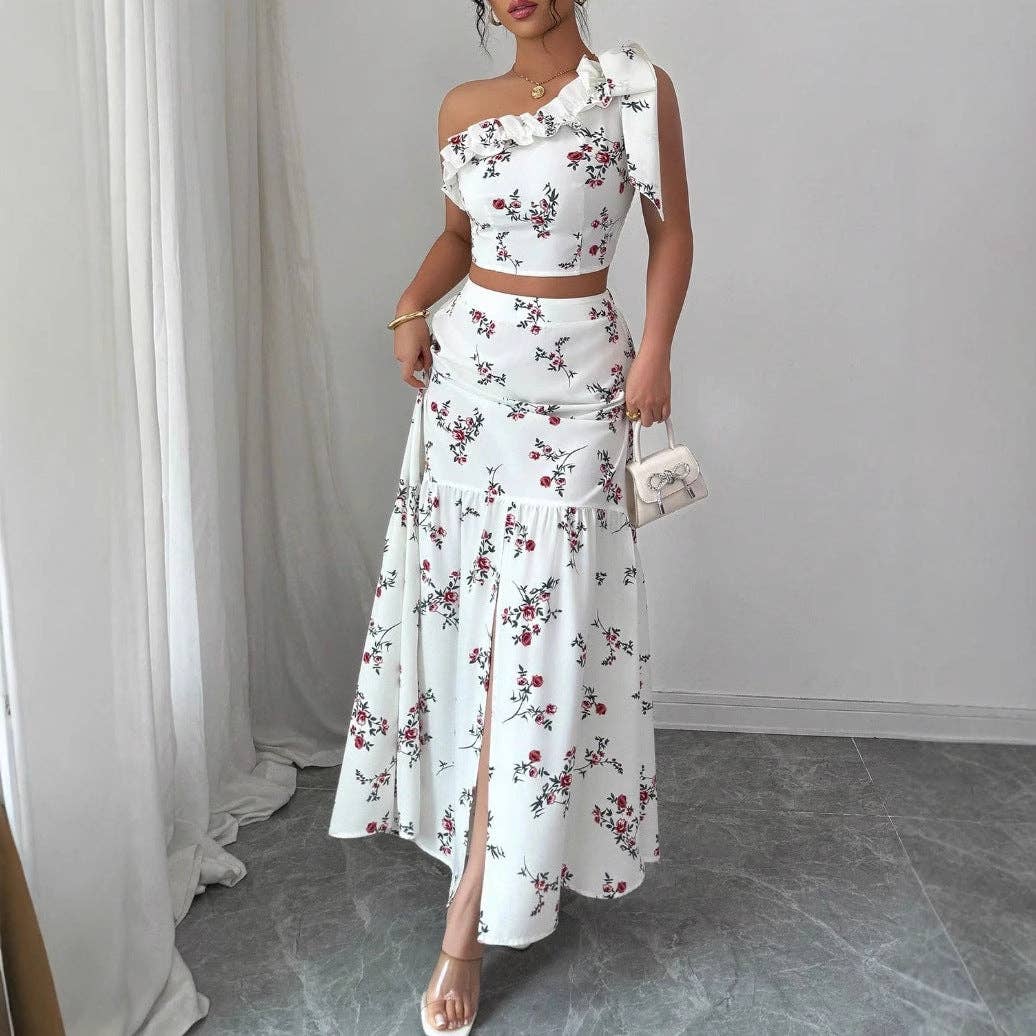 Blumige Pintuck-Bluse Maxi-Rock Zweiteiliges Set