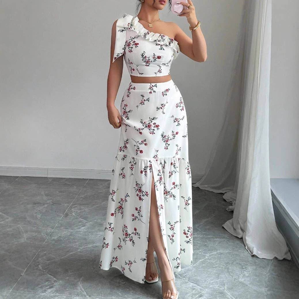 Blumige Pintuck-Bluse Maxi-Rock Zweiteiliges Set