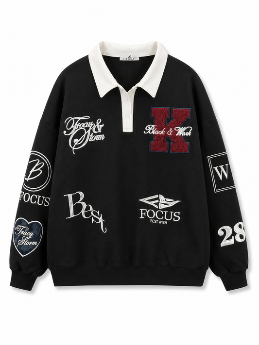 Oversize Pullover mit Polokragen & Patches – Schwarz