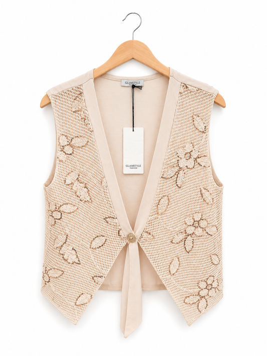 Boho-Weste mit Stickerei & Pailletten – Beige