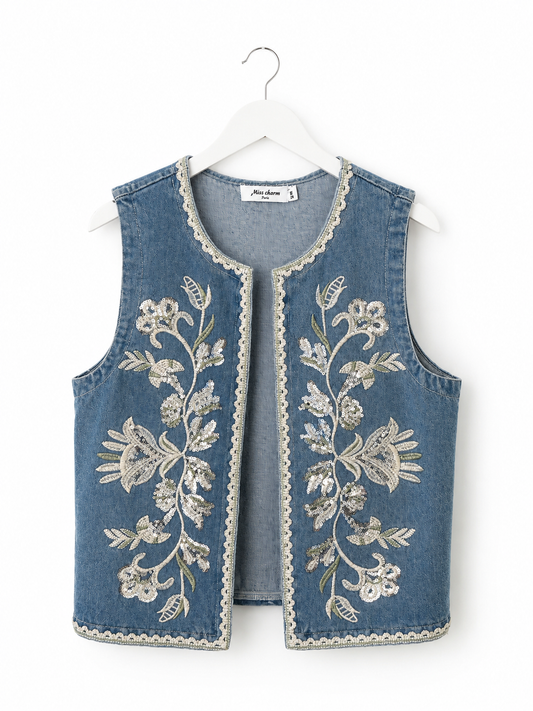 Bestickte Jeansweste Blau