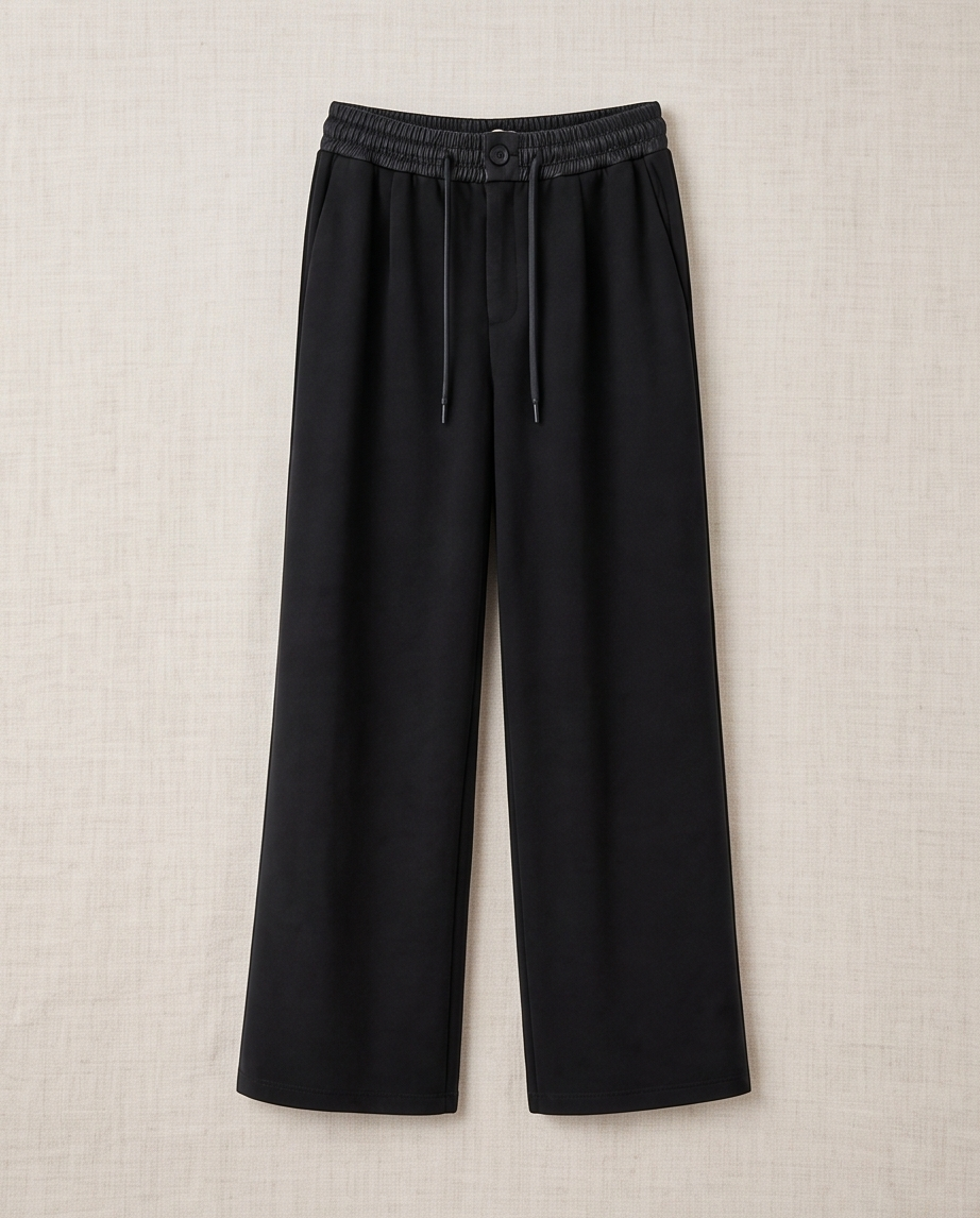 Wide Leg Hose mit Lederoptik-Bund – Schwarz