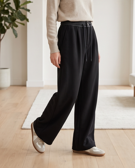 Wide Leg Hose mit Lederoptik-Bund – Schwarz