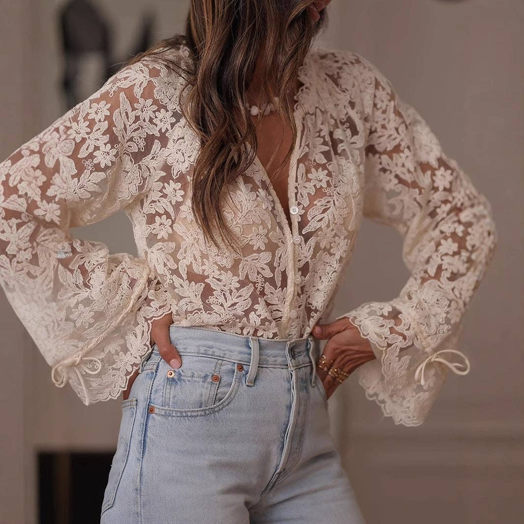 Damen Off-White Rundhals Spitzenbluse aus transparentem Stoff