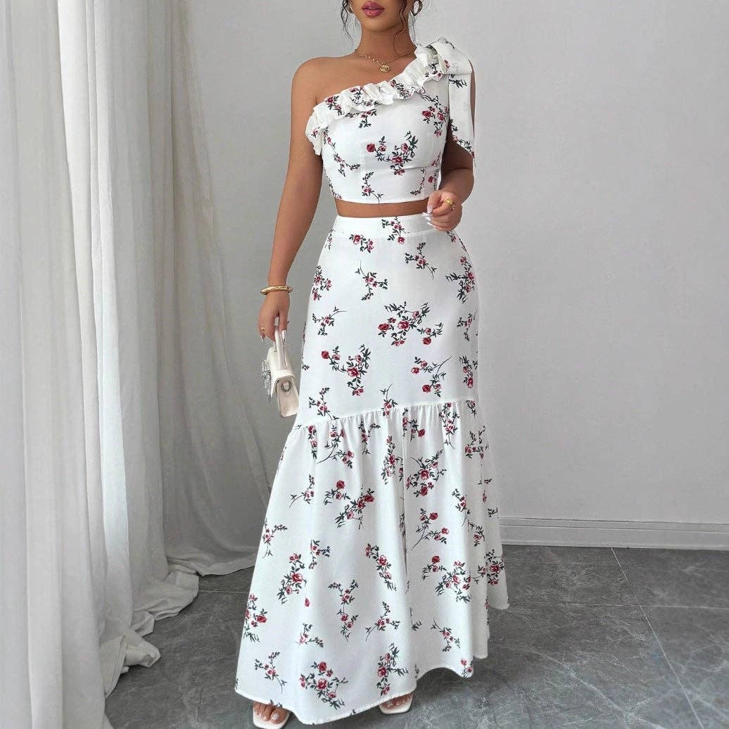 Blumige Pintuck-Bluse Maxi-Rock Zweiteiliges Set