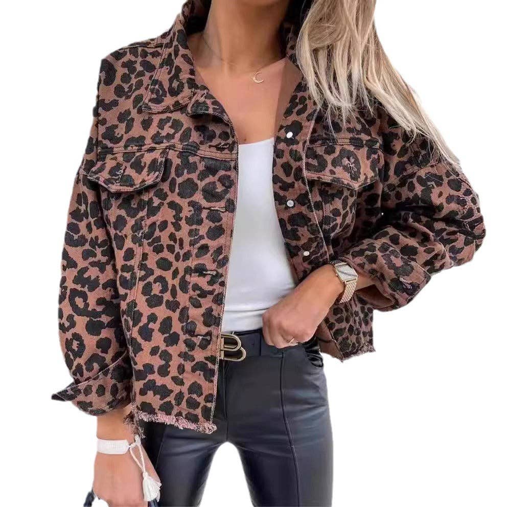 Damen Oversized Langarm Leoparden Denimjacke