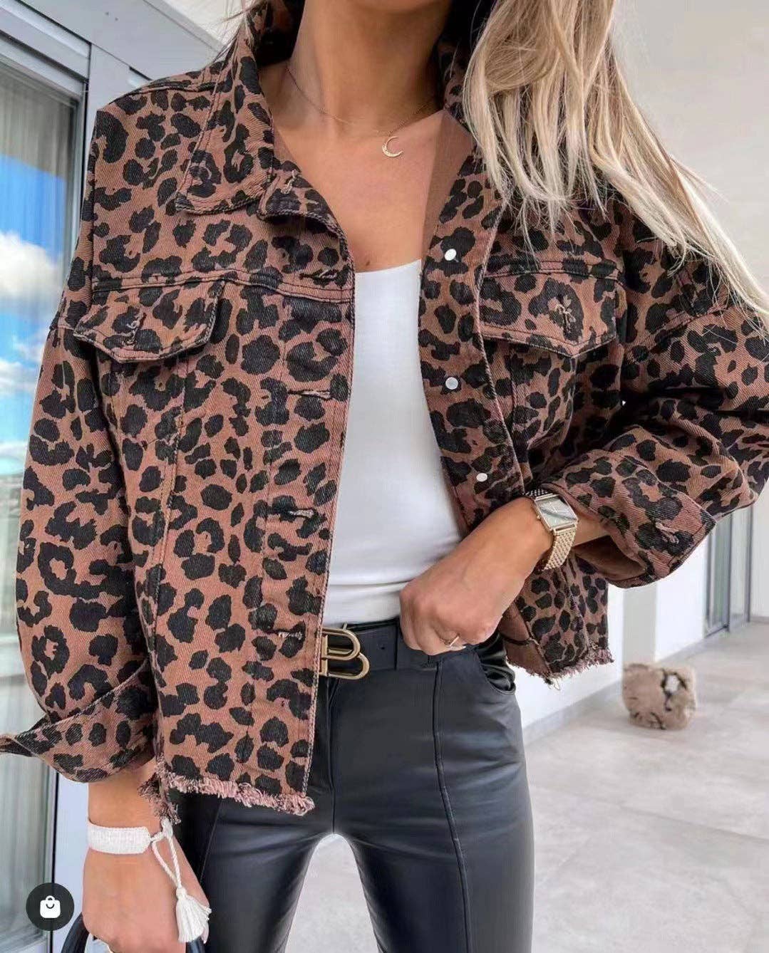 Damen Oversized Langarm Leoparden Denimjacke